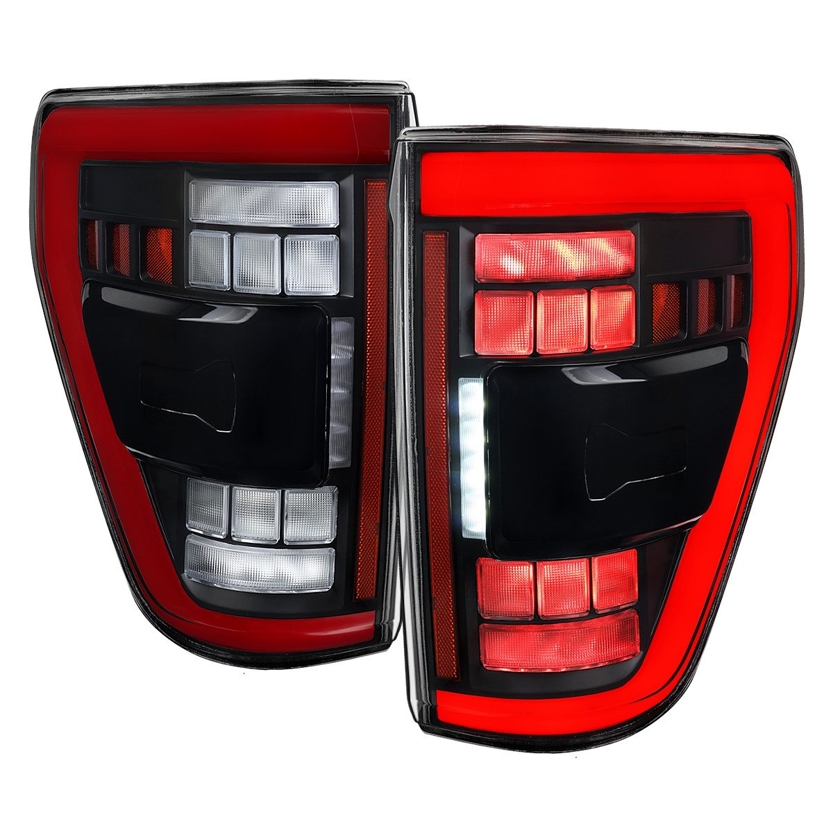 Fits 2021–2023 Ford F-150 Red LED Tail Lights w/ Switchback Sequential Turn Signals (Matte Black Housing / Clear Lens)