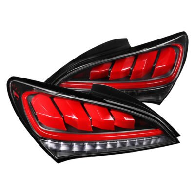 Fits 2010-2016 Hyundai Genesis Coupe Red Bar Sequential LED Tail Lights (Satin Black Housing/Clear Lens)