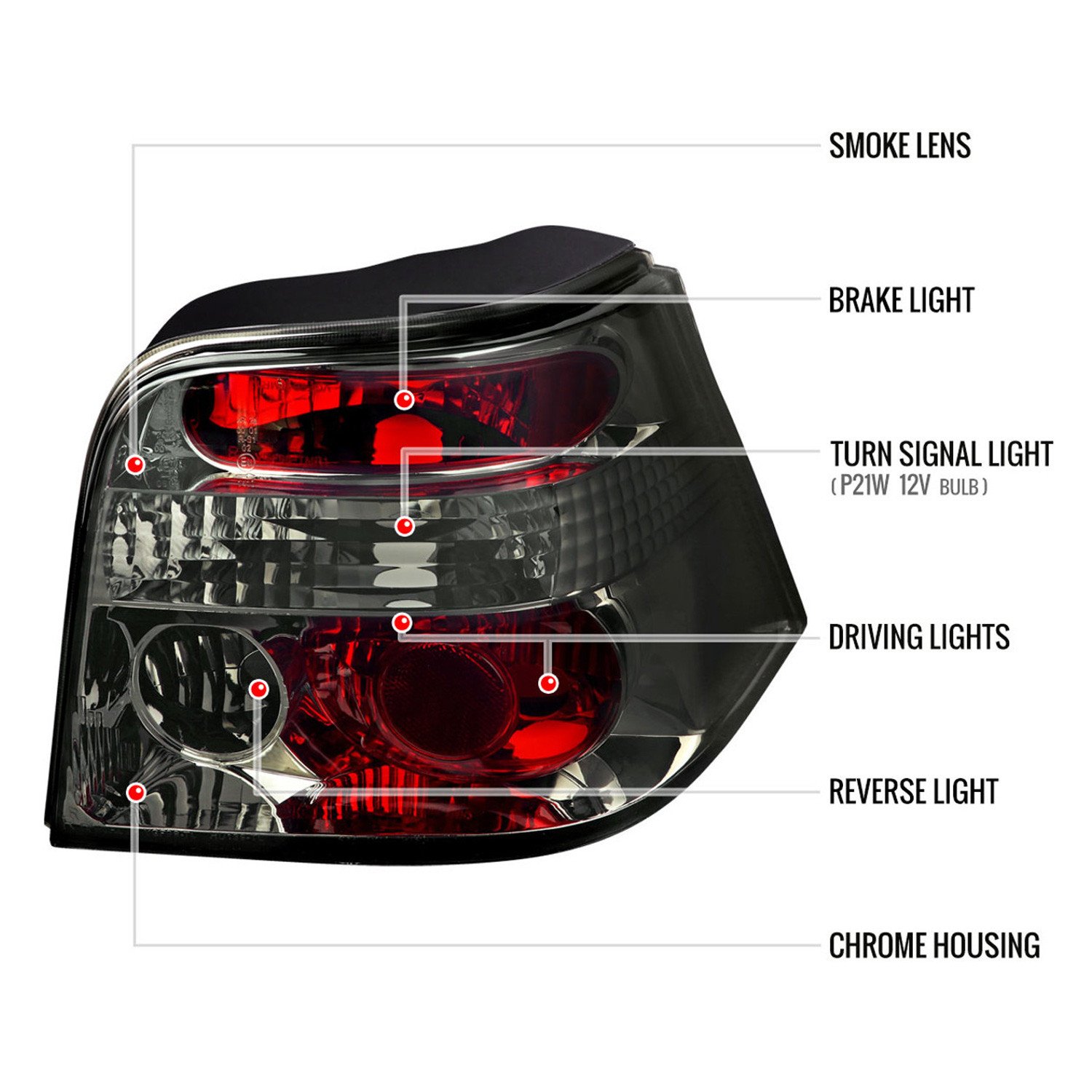 Fits 1999-2006 Volkswagen Golf Mk4/GTI/R32 Tail Lights (Chrome Housing/Smoked Lens) - Image 3