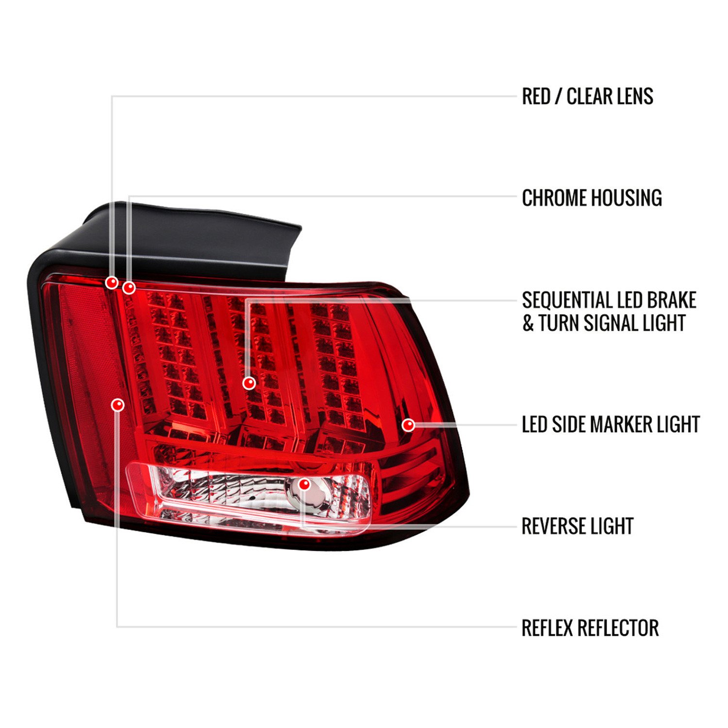 Fits 1999-2004 Ford Mustang Sequential LED Tail Lights - RS (Chrome Housing/Red Lens) - Image 6