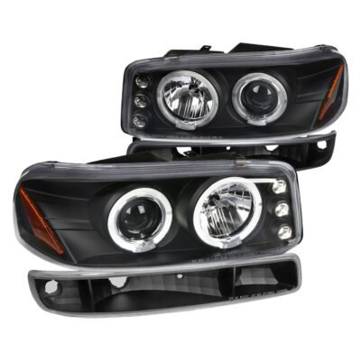 Fits 1999-2006 GMC Sierra/Yukon XL/SLT Dual Halo Projector Headlights & Bumper Lights (Matte Black Housing/Clear Lens)
