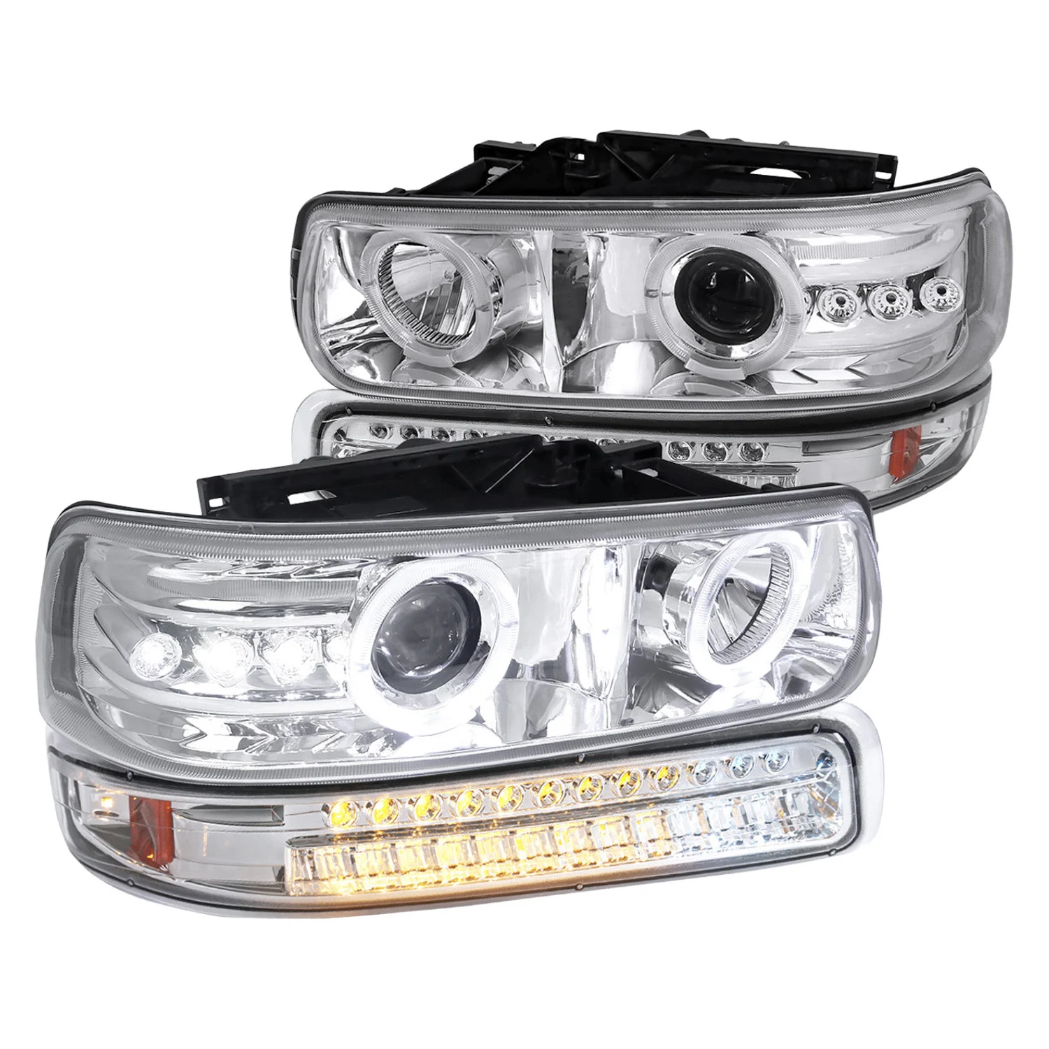 Fits 1999-2002 Chevrolet Silverado/ 2000-2006 Chevrolet Tahoe/Suburban Dual Halo Projector Headlights with LED Sequential Turn Signal Bumper Lights (Chrome Housing/Clear Lens)