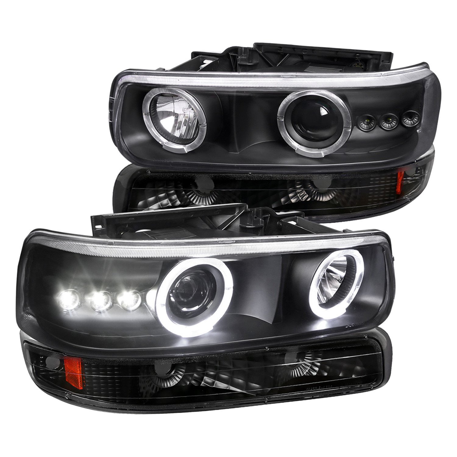 Fits 1999-2002 Chevrolet Silverado/ 2000-2006 Tahoe Suburban Dual Halo Projector Headlights w/ Bumper Lights (Matte Black Housing/Clear Lens)