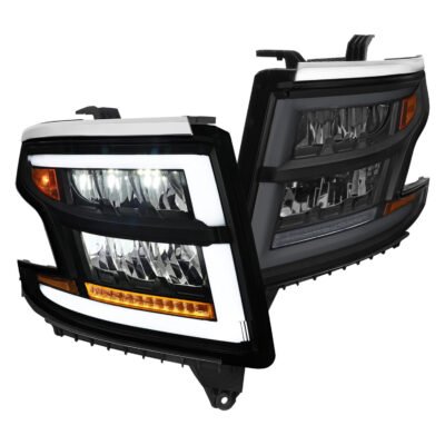 Fits 2015-2020 Chevrolet Tahoe Suburban Full LED DRL Sequential Headlights (Matte Black Housing / Smoked Lens)