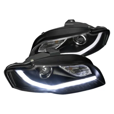 Fits 2006-2008 Audi A4 R8 Style LED Light Bar Projector Headlights (Matte Black Housing/Clear Lens)