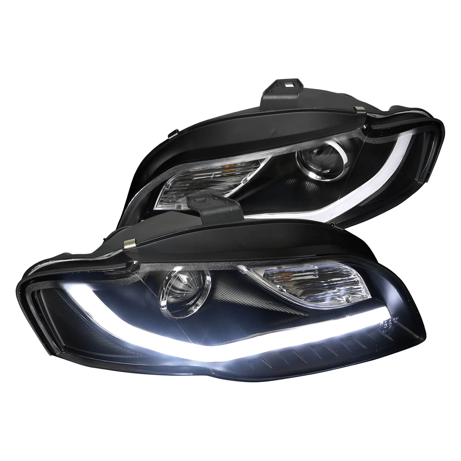 Fits 2006-2008 Audi A4 R8 Style LED Light Bar Projector Headlights (Matte Black Housing/Clear Lens)