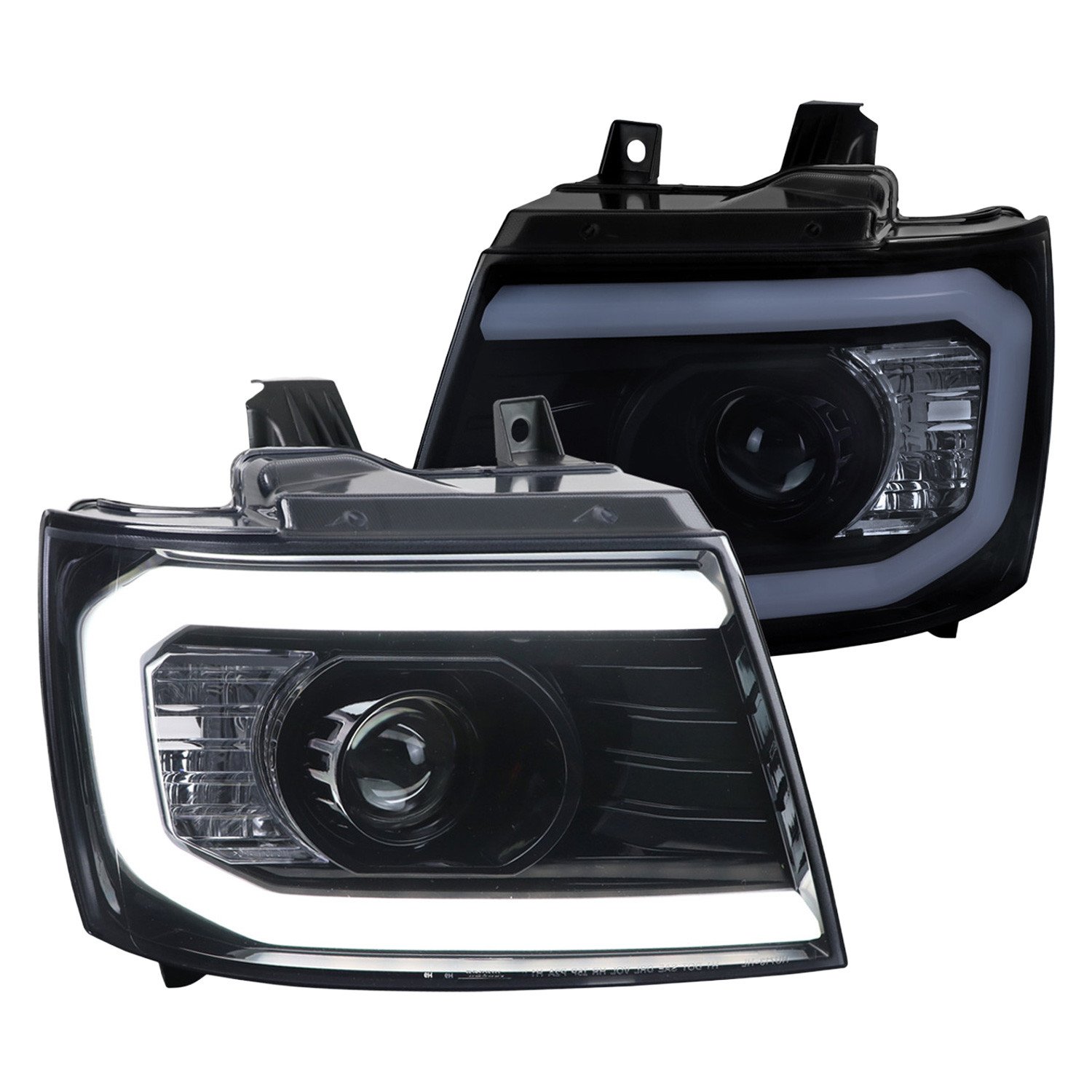 Fits 2007-2013 Chevrolet Avalanche/ 2007-2014 Tahoe Suburban LED C-Bar Projector Headlights (Glossy Black Housing/Smoked Lens)