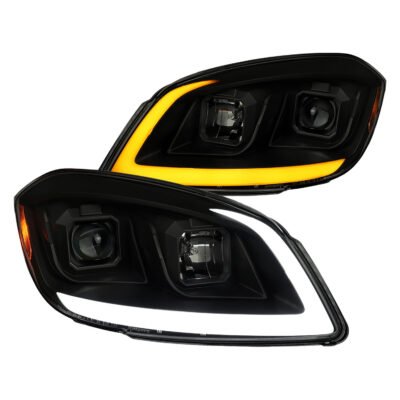 Fits 2005–2010 Chevrolet Cobalt Pontiac G5/Pursuit Projector Headlights w/ Switchback LED Turn Signal DRL Light Strip (Black Housing / Smoked Lens)