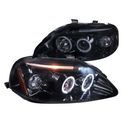 Fits 1999-2000 Honda Civic Dual Halo Projector Headlights (Glossy Black Housing/Smoked Lens)