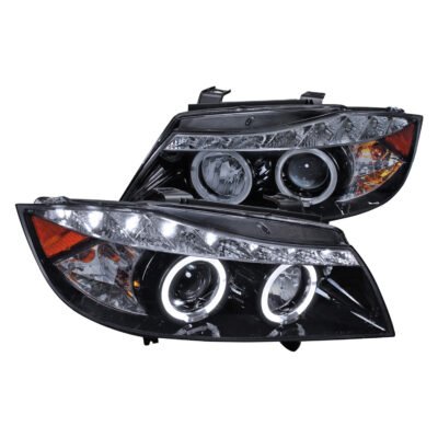 Fits 2006-2008 BMW E90 3 Series Sedan Dual Halo Projector Headlights w/ LED Light Strip (Glossy Black Housing/Smoked Lens)
