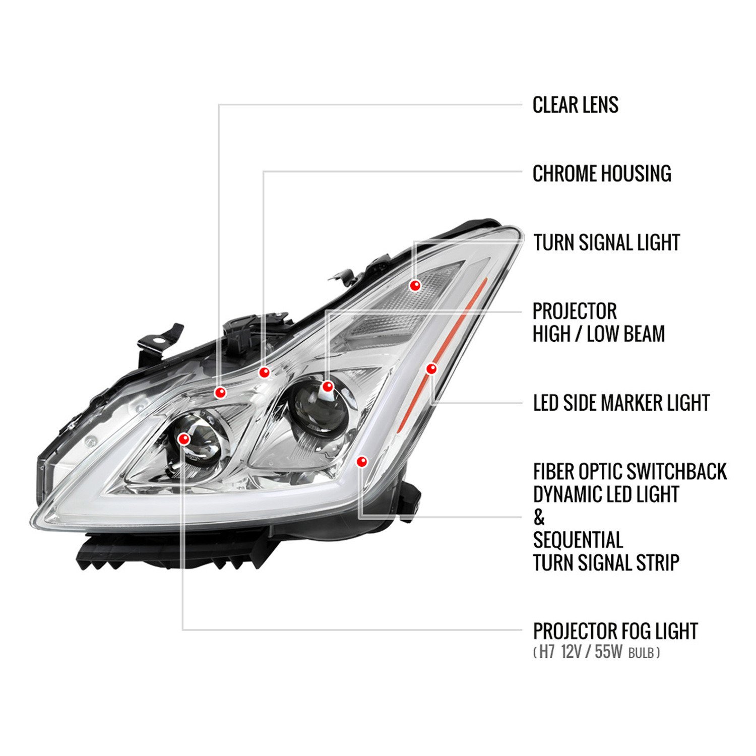 Fits 2008-2013 Infiniti G37/2014-2015 Q60 Coupe/Convertible Sequential Switchback LED Turn Signal Projector Headlights (Chrome Housing/Clear Lens) - Image 2