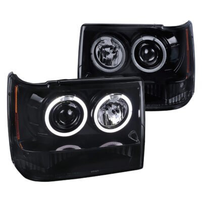 Fits 1993-1996 Jeep Grand Cherokee Dual Halo Projector Headlights (Glossy Black Housing/Smoked Lens)
