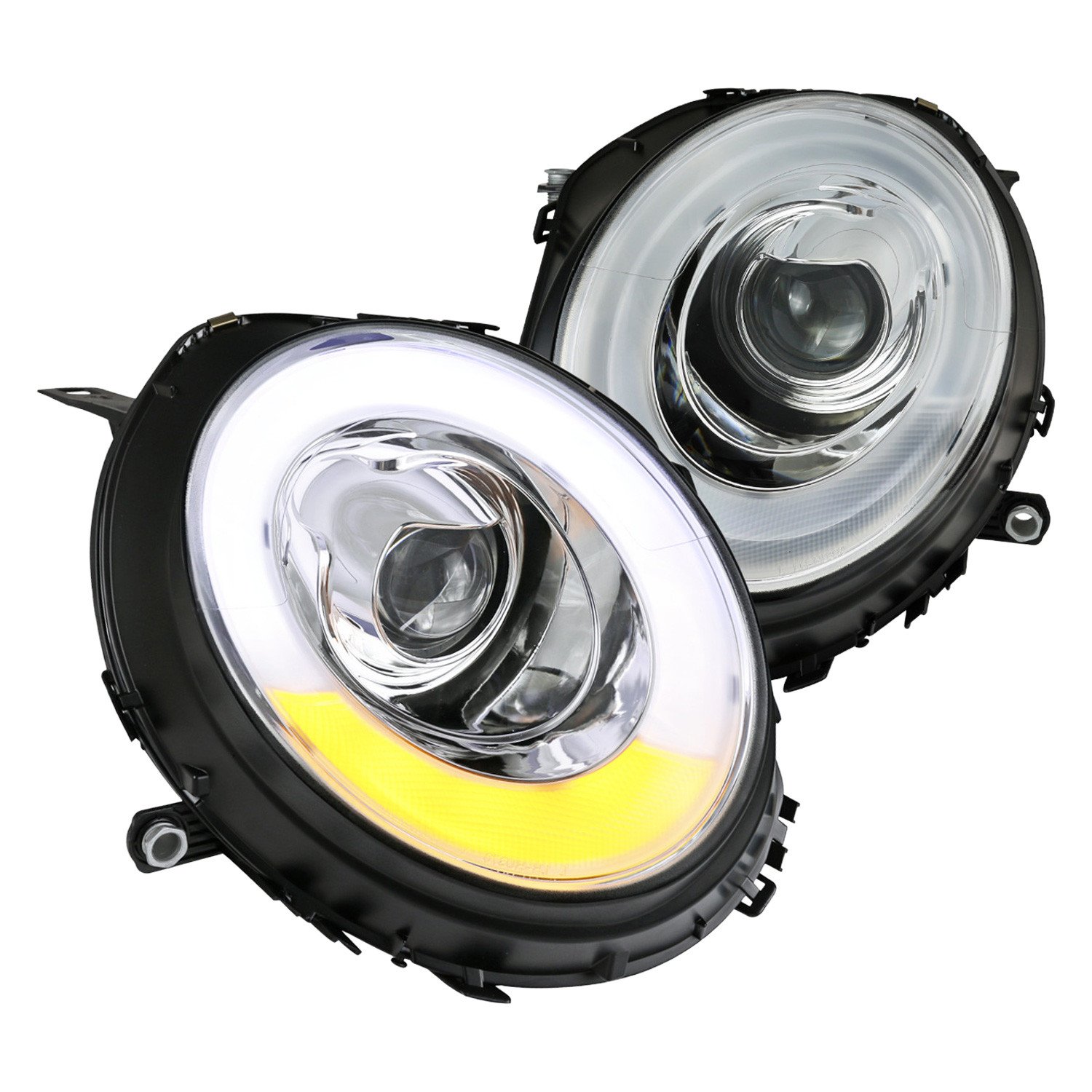 Fits 2007-2015 Mini Cooper R55 R56 R57 R58 R59 Projector Headlights w/ LED Turn Signal Lights (Chrome Housing/Clear Lens)
