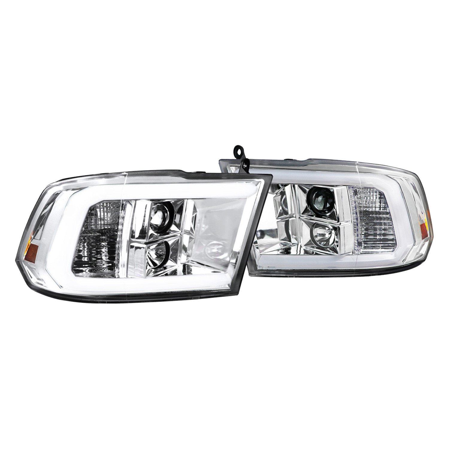 Fits 2009-2018 Dodge RAM 1500 / 2019-2021 RAM Classic / 2010-2018 RAM 2500 3500 LED C-Bar Projector Headlights (Chrome Housing/Clear Lens)