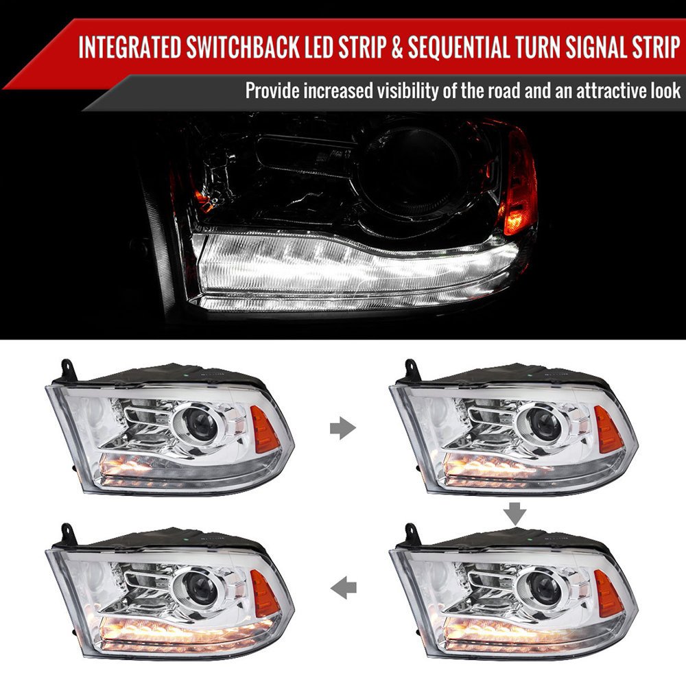 Fits 2009-2018 Dodge RAM 1500 / 2019-2021 RAM Classic / 2010-2018 RAM 2500 3500 Switchback Sequential LED Bar Projector Headlights (Chrome Housing/Clear Lens) - Image 8