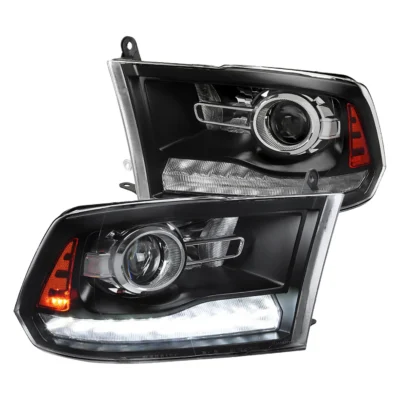 Fits 2009-2018 Dodge RAM 1500 / 2019-2021 RAM Classic / 2010-2018 RAM 2500 3500 Switchback Sequential LED Bar Projector Headlights (Matte Black Housing/Clear Lens)