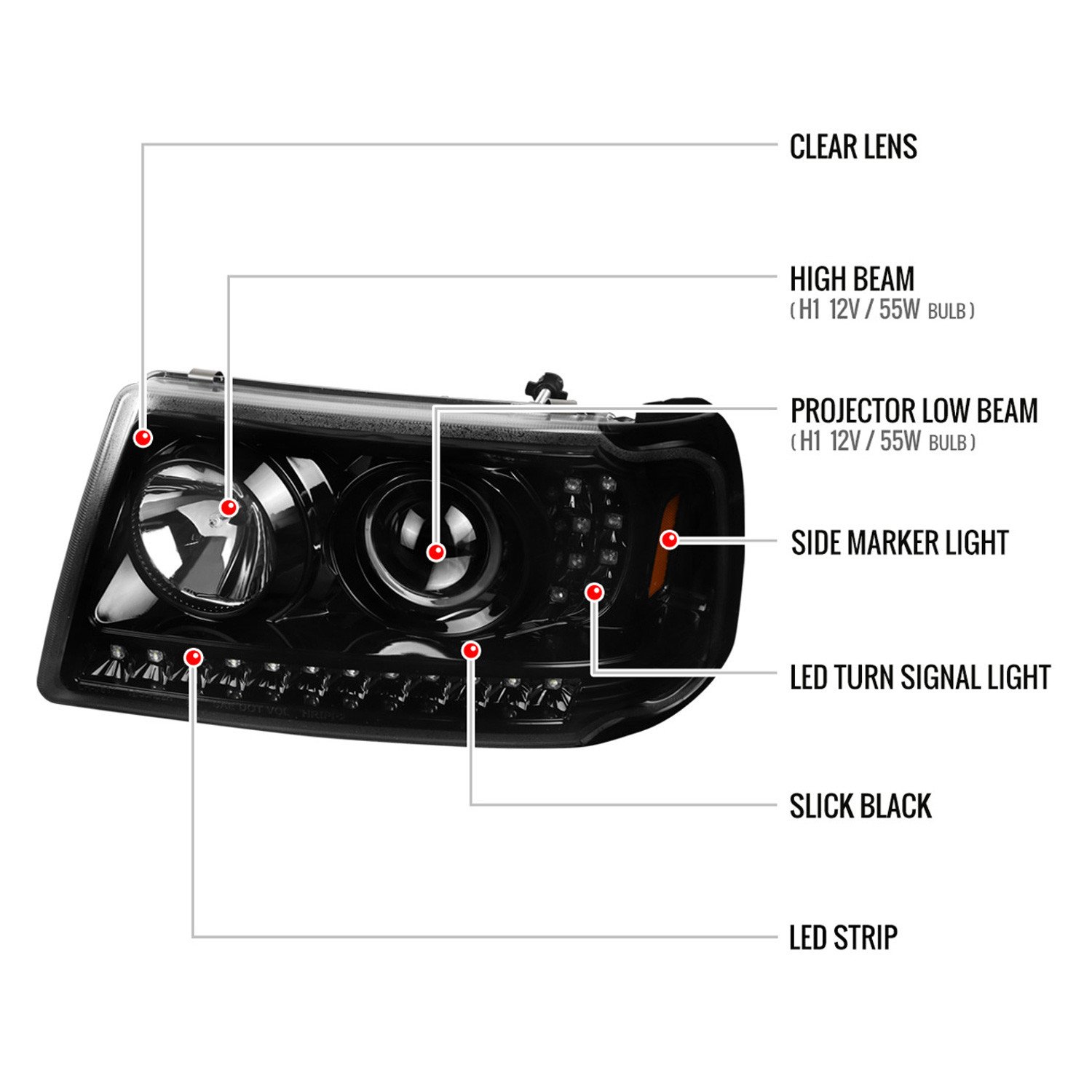 Fits 2001-2011 Ford Ranger Projector Headlights w/ LED Light Strip & LED Turn Signal Lights (Jet Black Housing/Clear Lens) - Image 3