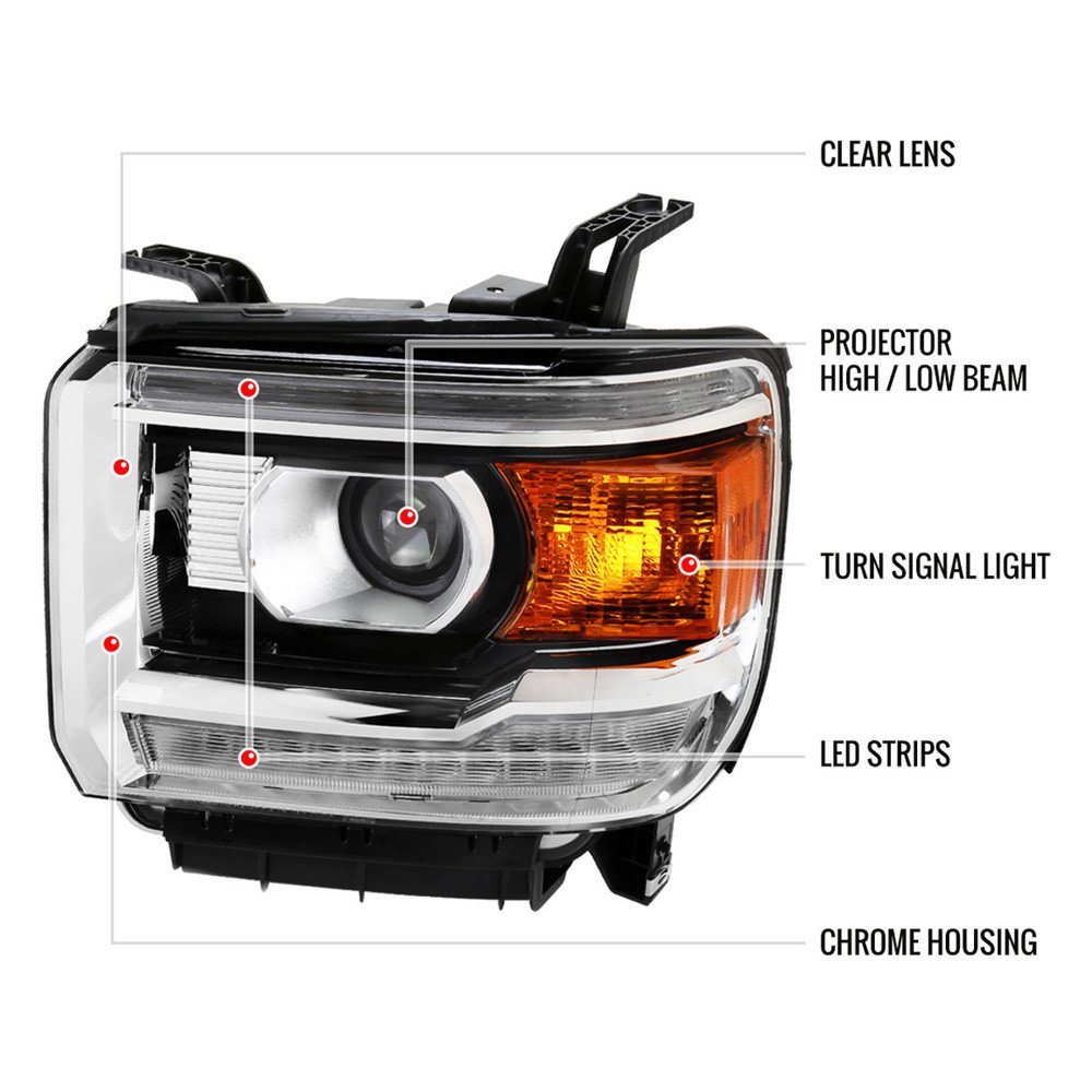 Fits 2014-2019 GMC Sierra LED Light Strip Projector Headlights (Chrome Housing/Clear Lens) - Image 3