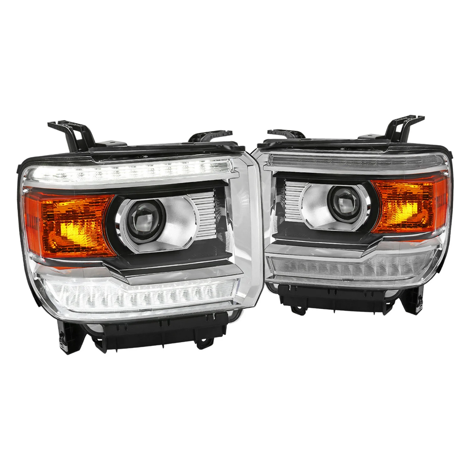 Fits 2014-2019 GMC Sierra LED Light Strip Projector Headlights (Chrome Housing/Clear Lens)