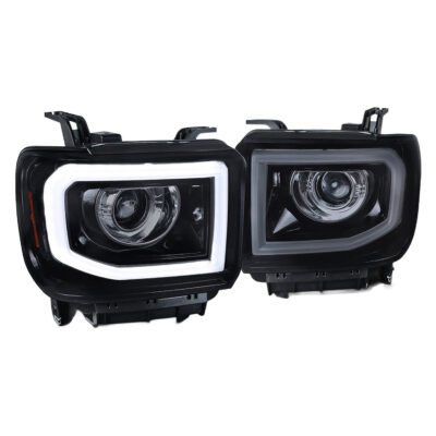 Fits 2014-2019 GMC Sierra 1500/2500/3500 LED Bar Projector Headlights w/ LED Turn Signals Lights (Glossy Black Housing/Smoked Lens)