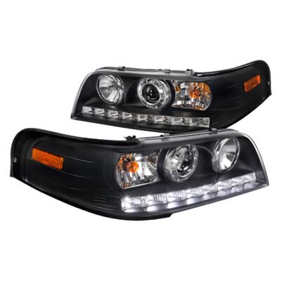 Fits 1998-2011 Ford Crown Victoria Projector Headlights w/ LED Light Strip (Matte Black Housing/Clear Lens)