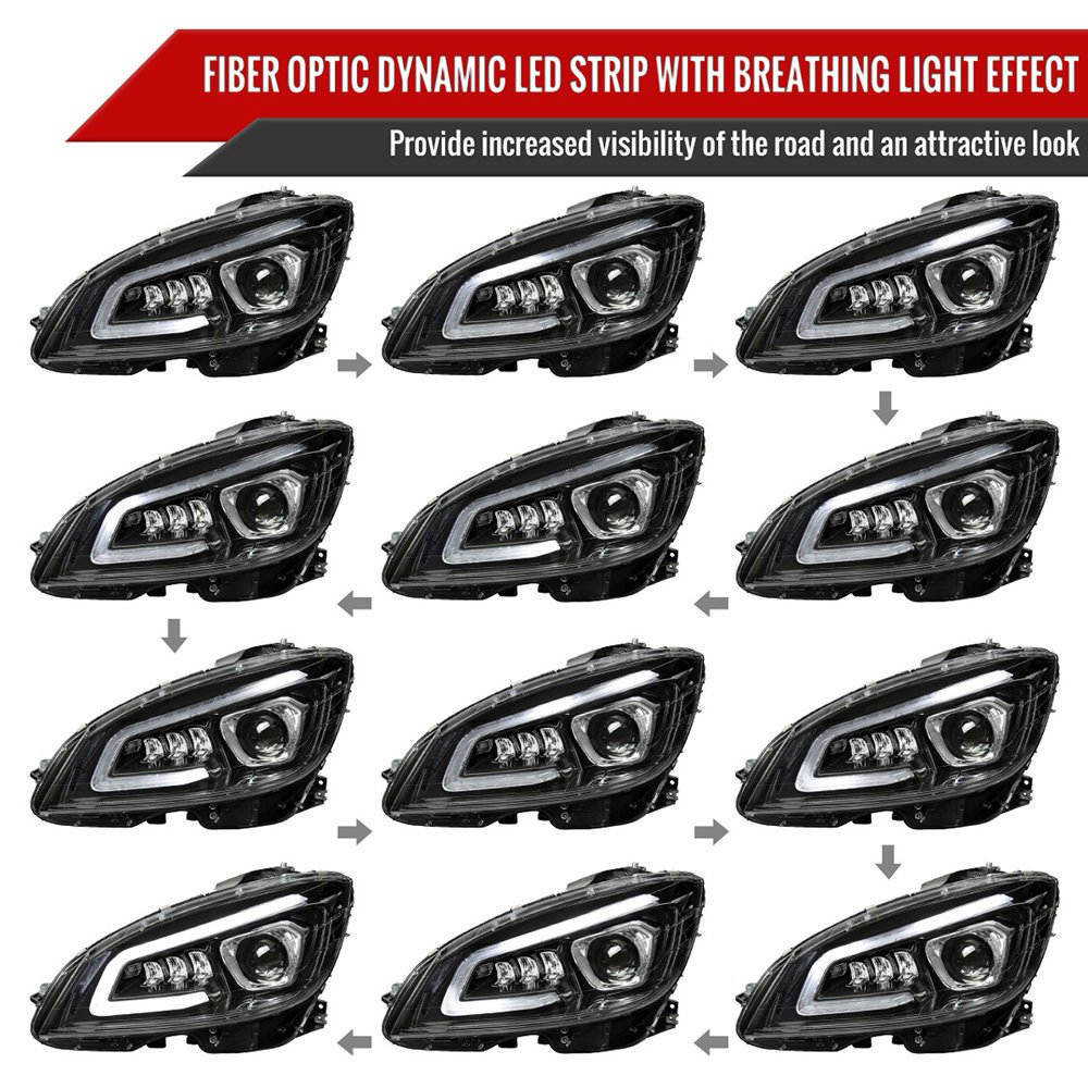 Fits 2008-2011 Mercedes Benz W204 C-Class Switchback Sequential Full LED Projector Headlights (Matte Black Housing/Clear Lens) - Image 4