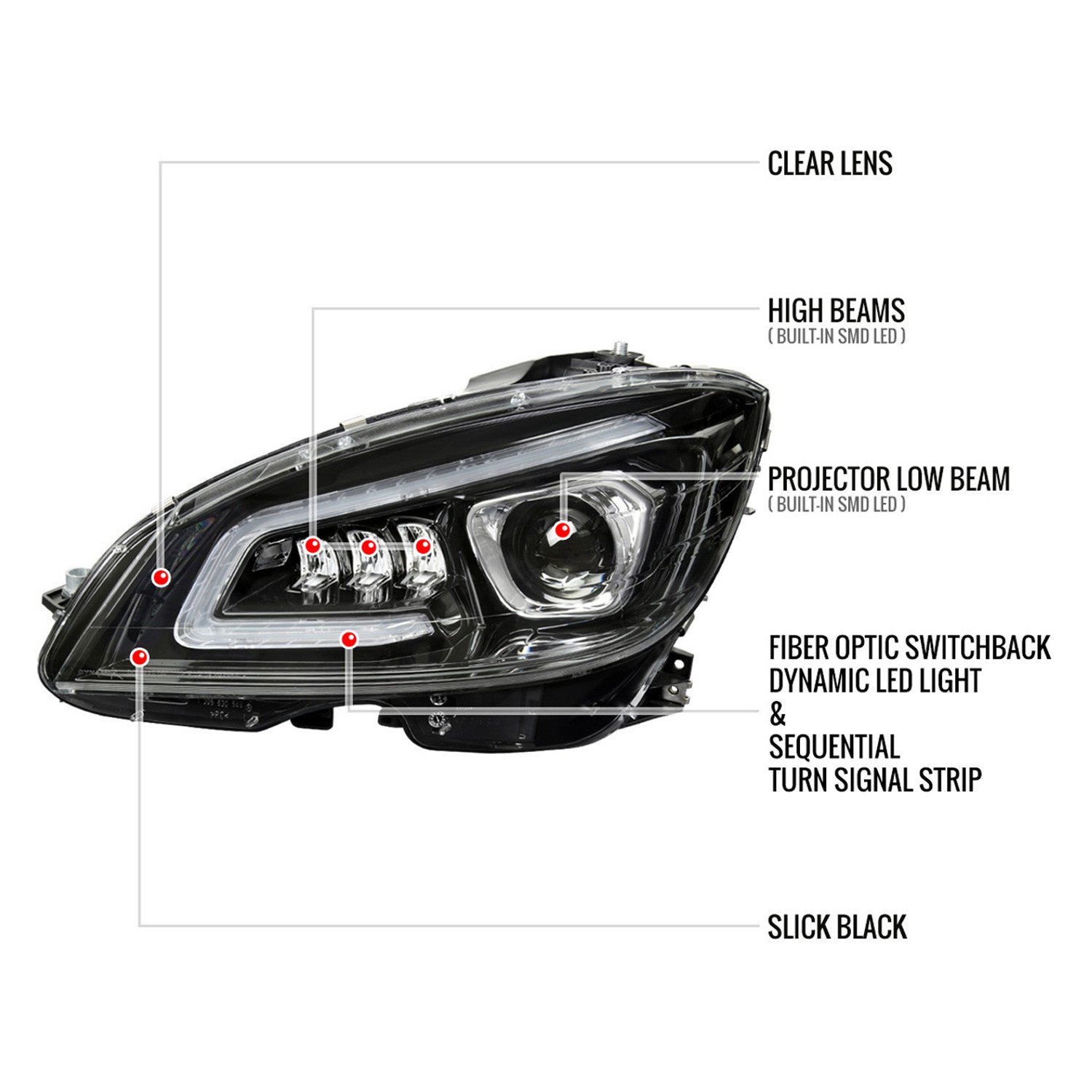 Fits 2008-2011 Mercedes Benz W204 C-Class Switchback Sequential Full LED Projector Headlights (Matte Black Housing/Clear Lens) - Image 2