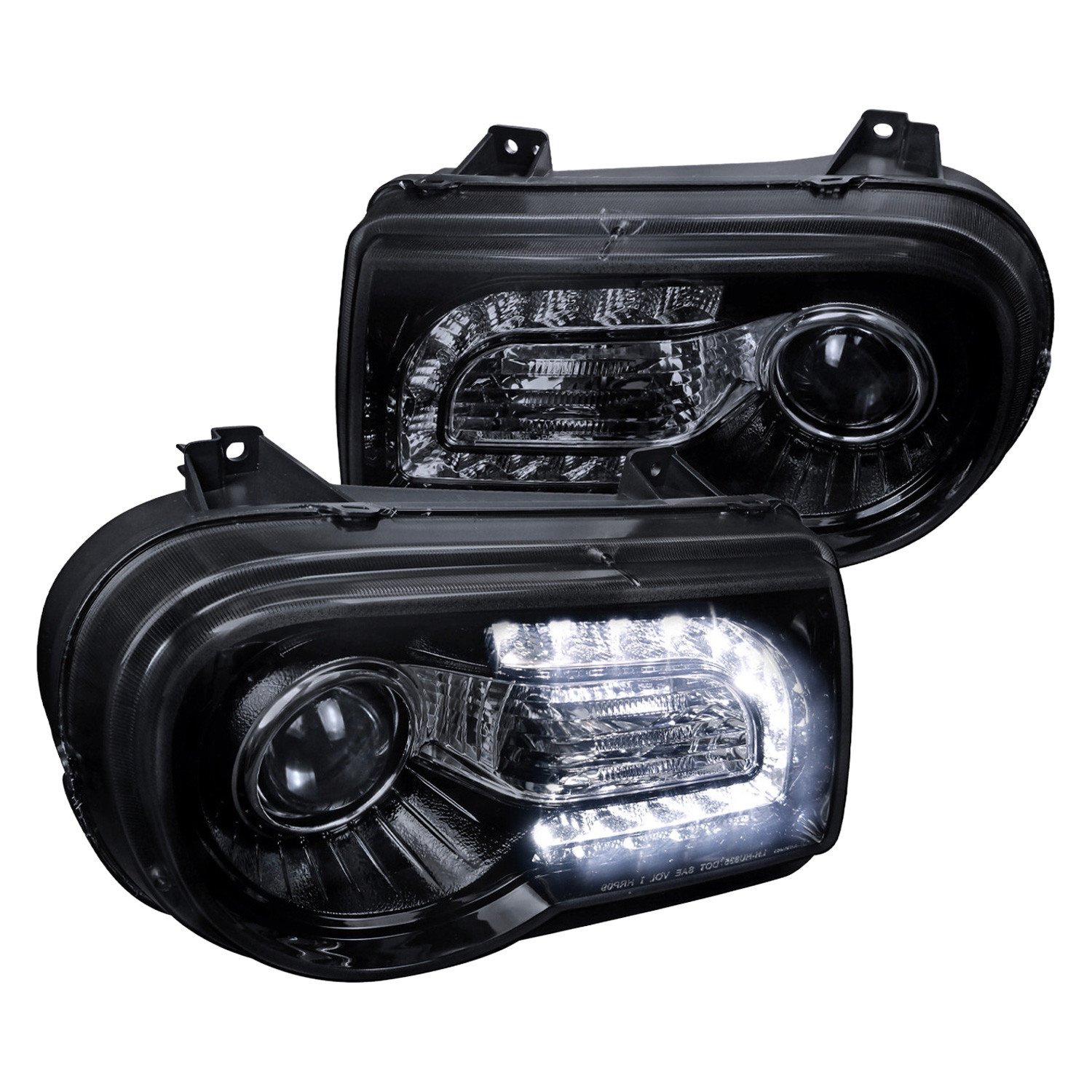 Fits 2005-2010 Chrysler 300 Projector Headlights w/ LED Light Strip (Glossy Black Housing/Smoked Lens)