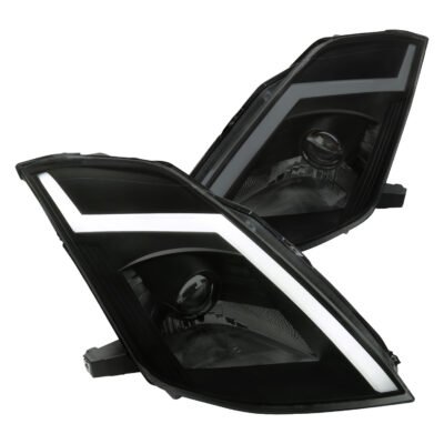 Fits 2003-2005 Nissan 350Z Switchback Sequential Turn Signal Animated LED Bar Projector Headlights (Matte Black Housing/Smoked Lens)
