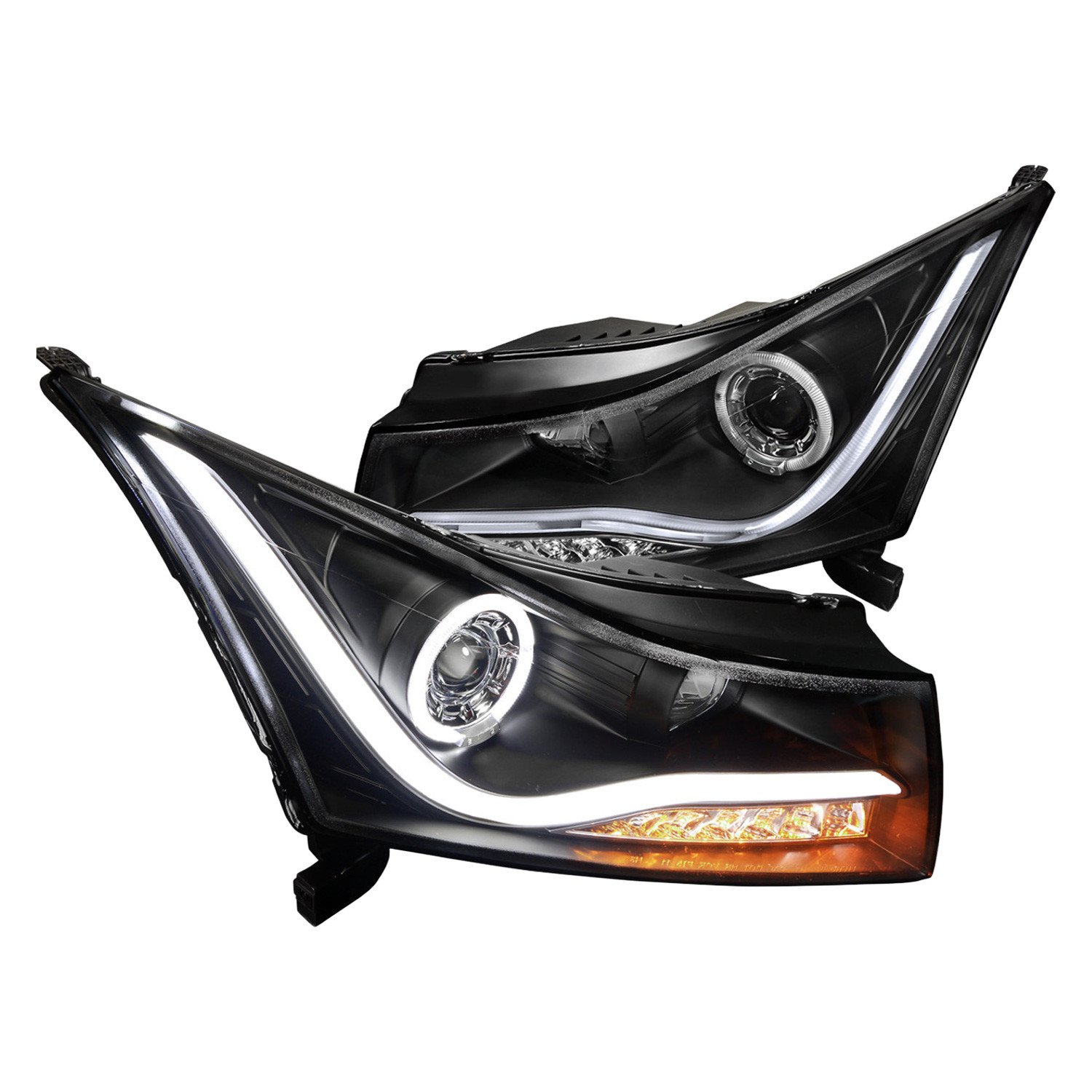 Fits 2011-2015 Chevrolet Cruze / 2016 Cruze Limited Halo Projector Headlights w/ LED Light Bar & LED Turn Signal Lights (Matte Black Housing/Clear Lens)