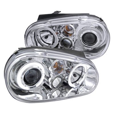 Fits 1999-2006 Volkswagen Golf Mk4 GTI/R32 Cabrio Dual Halo Projector Headlights (Chrome Housing/Clear Lens)