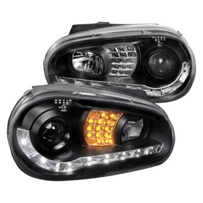 Fits 1999-2006 Volkswagen Golf Mk4 GTI/R32 Cabrio Projector Headlights w/ R8 Style LED Light Strip & LED Turn Signal Lights (Matte Black Housing/Clear Lens)