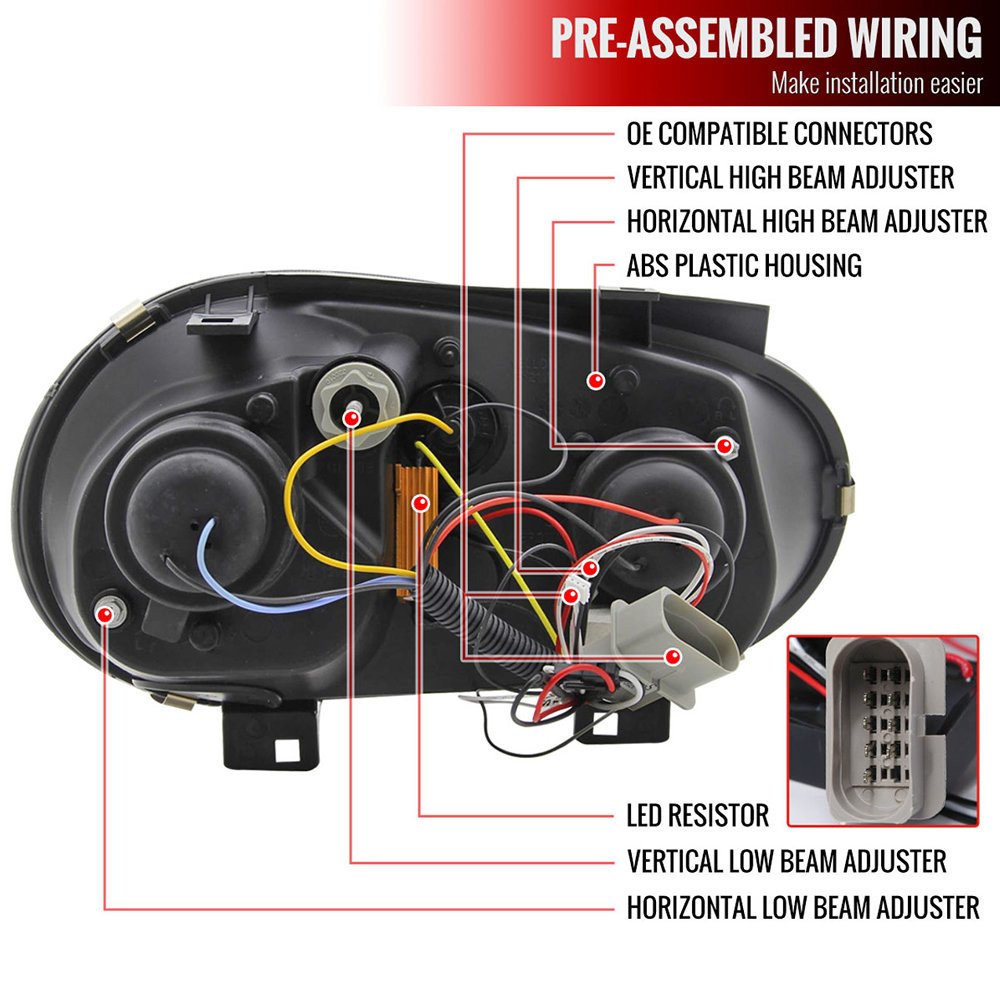 Fits 1999-2006 Volkswagen Golf Mk4 GTI/R32 Cabrio Projector Headlights w/ R8 Style LED Light Strip & LED Turn Signal Lights (Matte Black Housing/Clear Lens) - Image 3