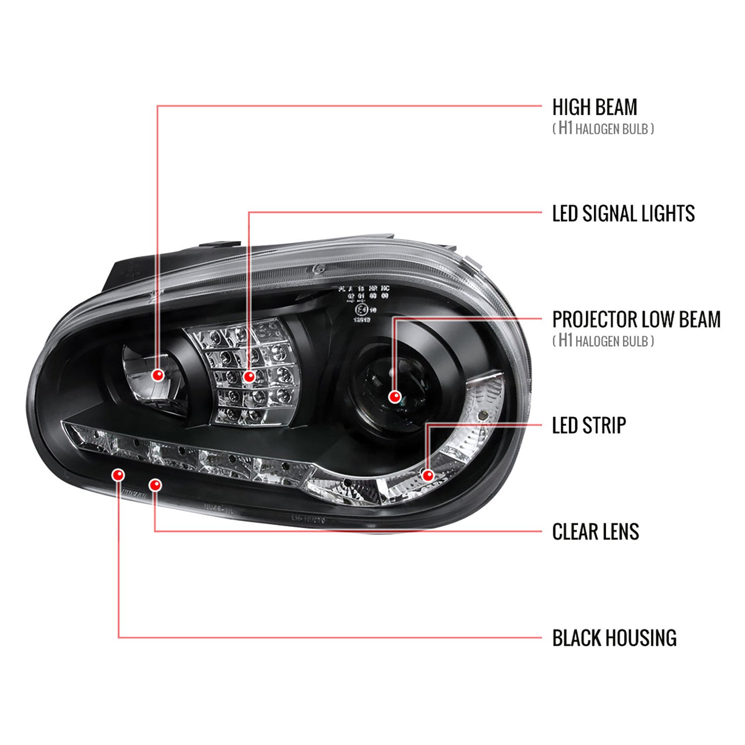 Fits 1999-2006 Volkswagen Golf Mk4 GTI/R32 Cabrio Projector Headlights w/ R8 Style LED Light Strip & LED Turn Signal Lights (Matte Black Housing/Clear Lens) - Image 2