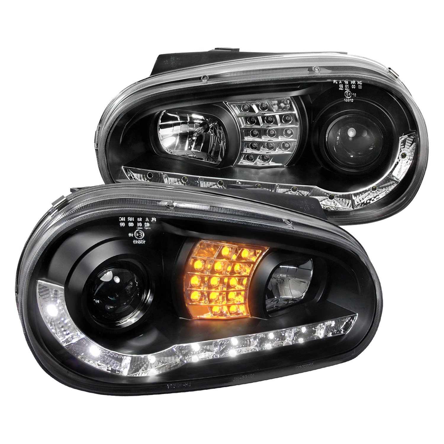 Fits 1999-2006 Volkswagen Golf Mk4 GTI/R32 Cabrio Projector Headlights w/ R8 Style LED Light Strip & LED Turn Signal Lights (Matte Black Housing/Clear Lens)