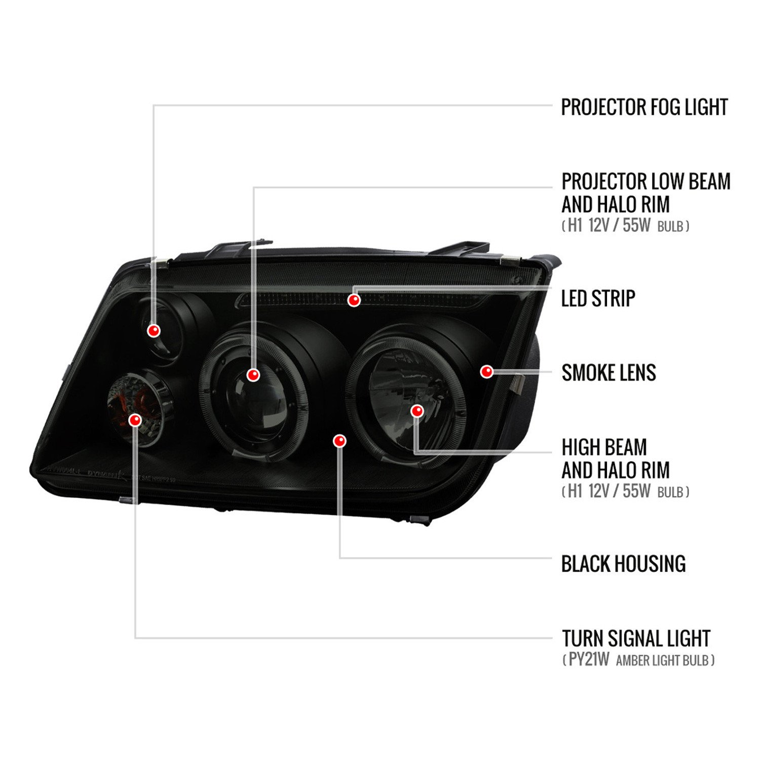 Fits 1999-2005 Volkswagen Jetta/Bora Mk4 Dual Halo Projector Headlights w/ LED Light Strip (Black Housing/Smoked Lens) - Image 3