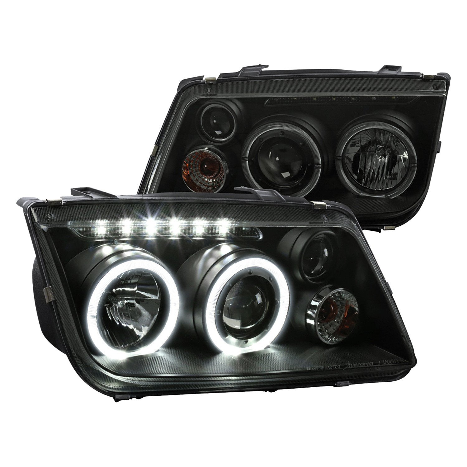 Fits 1999-2005 Volkswagen Jetta/Bora Mk4 Dual Halo Projector Headlights w/ LED Light Strip (Black Housing/Smoked Lens)