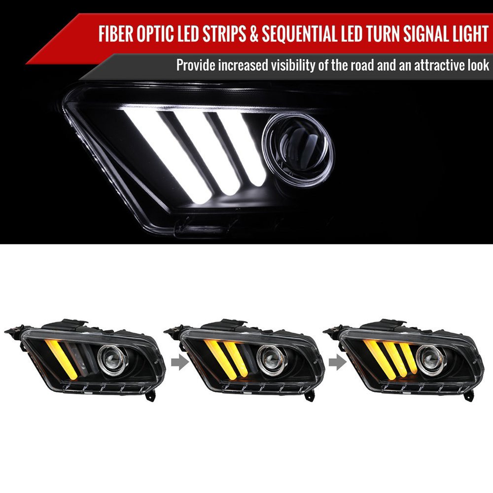 Fits 2010-2014 Ford Mustang Sequential LED Bar Projector Headlights w/ Sequential Turn Signal Lights (Matte Black Housing/Clear Lens) - Image 12