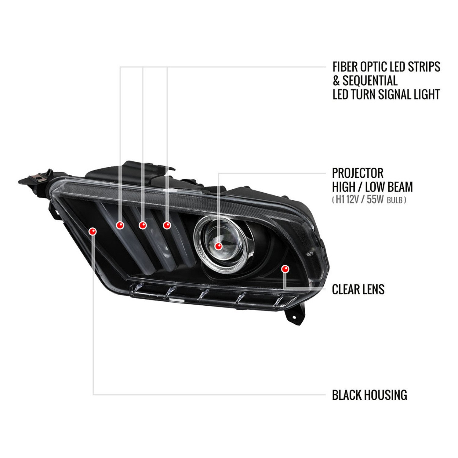 Fits 2010-2014 Ford Mustang Sequential LED Bar Projector Headlights w/ Sequential Turn Signal Lights (Matte Black Housing/Clear Lens) - Image 6