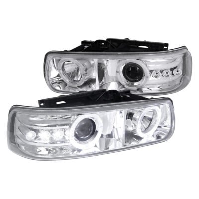 Fits 1999-2002 Chevrolet Silverado/ 2000-2006 Tahoe Suburban Dual Halo Projector Headlights (Chrome Housing/Clear Lens)