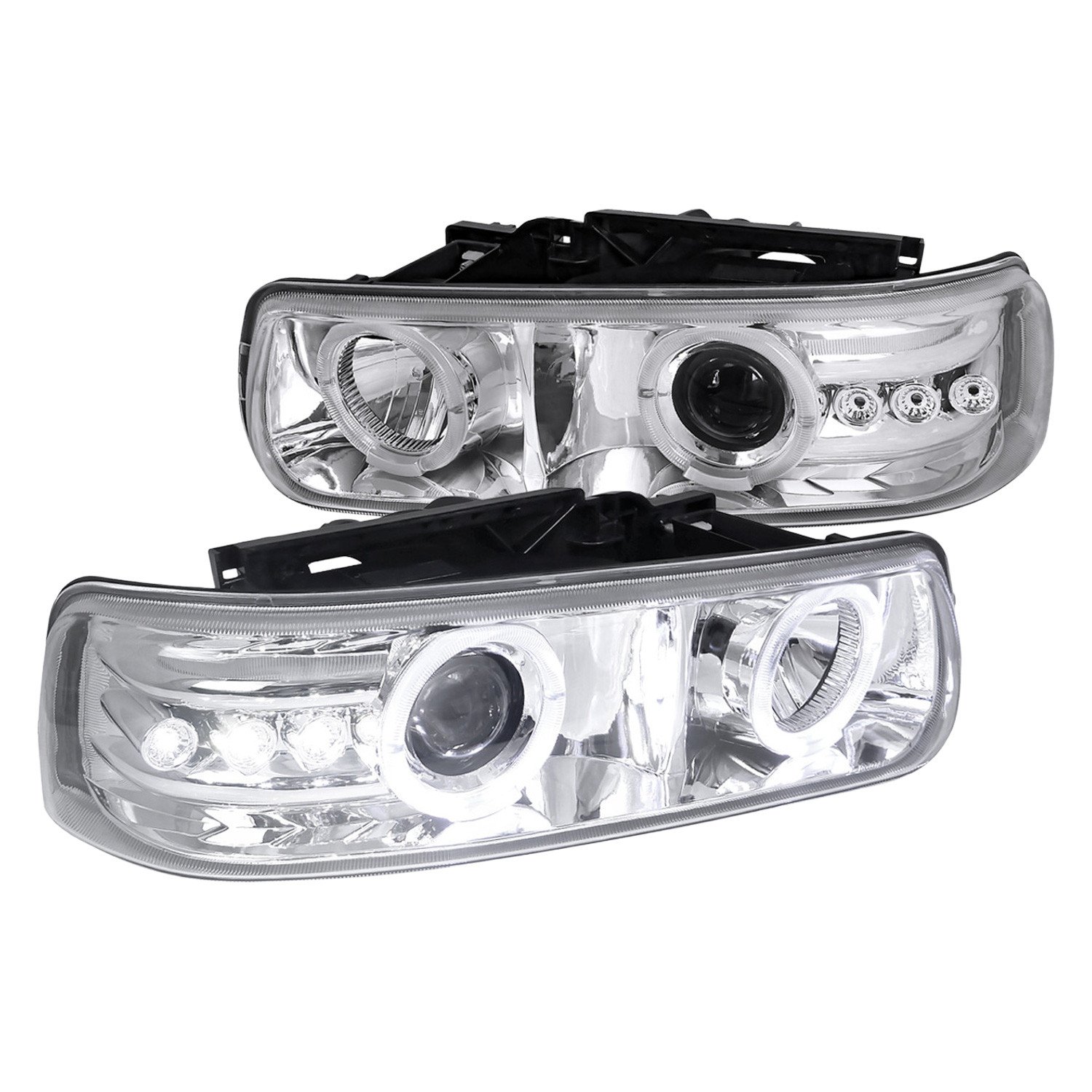Fits 1999-2002 Chevrolet Silverado/ 2000-2006 Tahoe Suburban Dual Halo Projector Headlights (Chrome Housing/Clear Lens)
