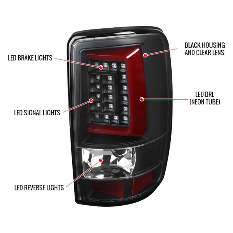 Fits 2000-2006 Chevrolet Suburban/Tahoe GMC Yukon/Yukon XL LED C Bar Tail Lights (Black Housing/Clear Lens) - Image 2