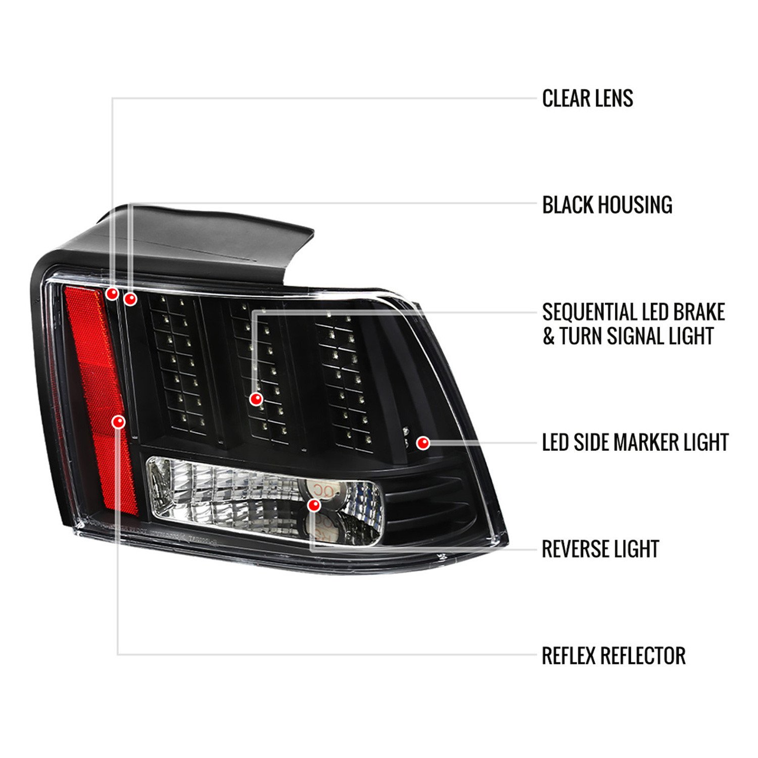 Fits 1999-2004 Ford Mustang Sequential LED Tail Lights - RS (Matte Black Housing/Clear Lens) - Image 6