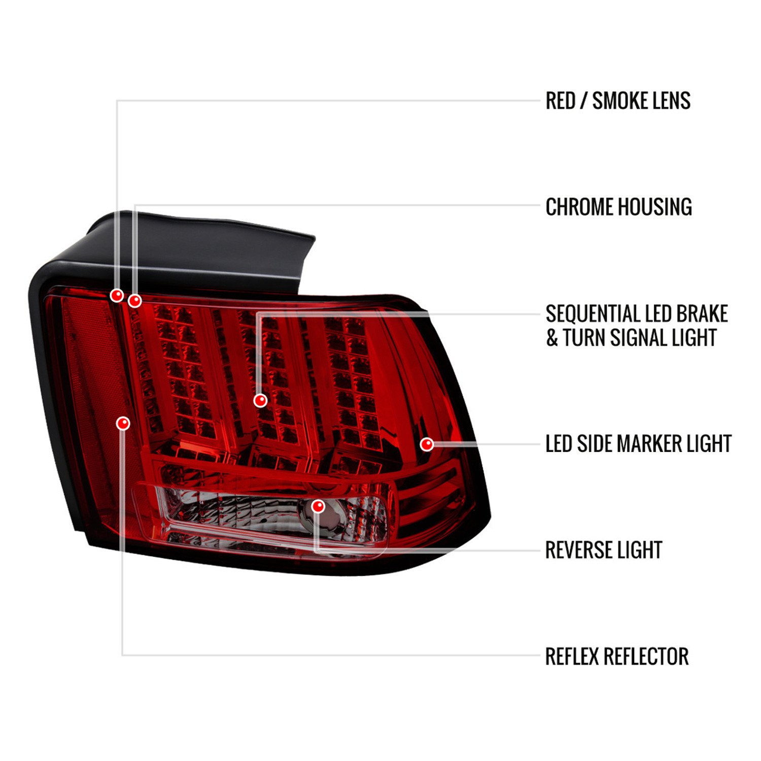 Fits 1999-2004 Ford Mustang Sequential LED Tail Lights - RS (Chrome Housing/Red Smoked Lens) - Image 5