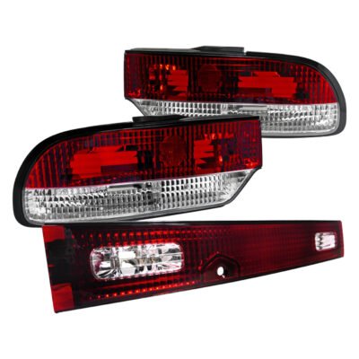 Fits 1989-1994 Nissan 240SX S13 Hatchback Tail Lights & Center Trunk Light (Chrome Housing/Red Clear Lens)