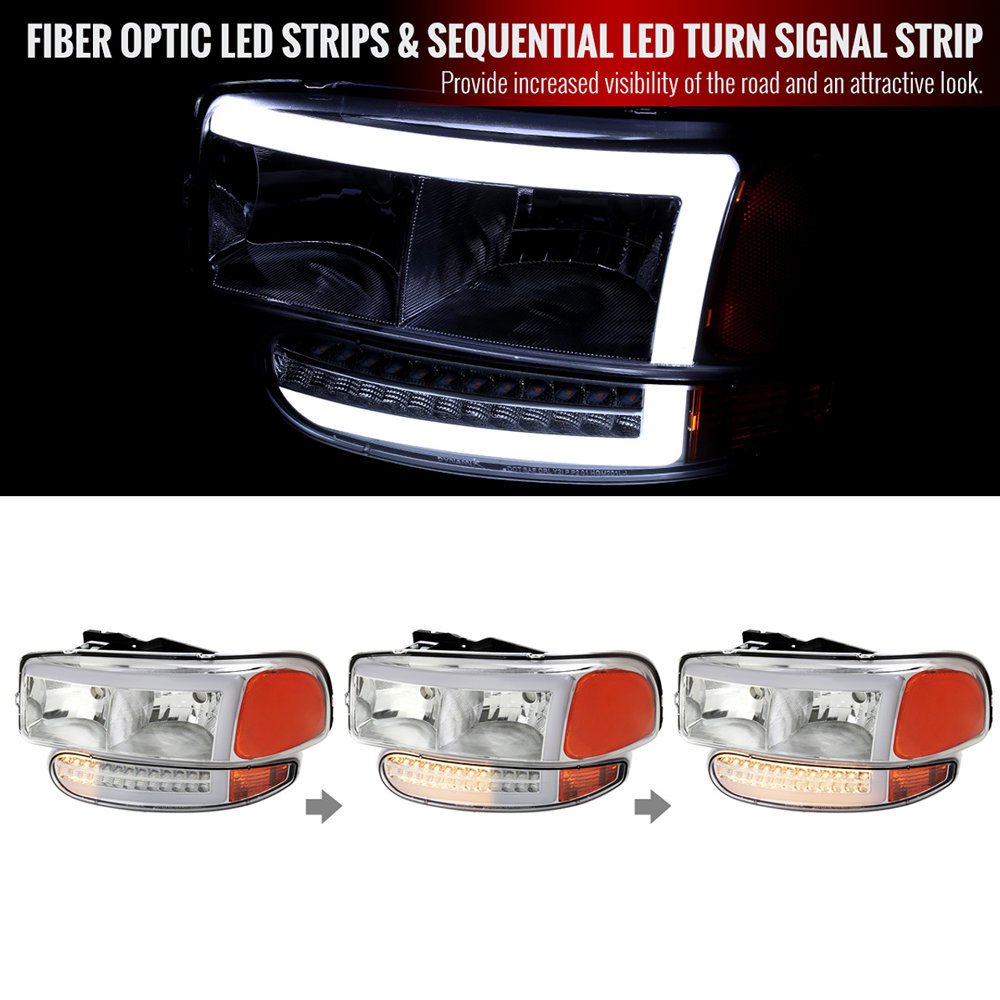 Fits 1999-2006 GMC Sierra Denali/2007 Sierra Classic Denali/2000-2006 Yukon/XL Denali Factory Style Headlights with LED Sequential Turn Signal Bumper Lights (Chrome Housing/Clear Lens) - Image 8