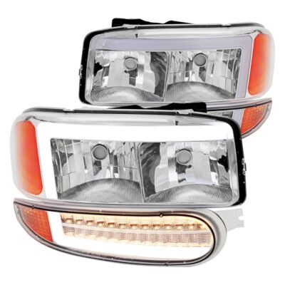 Fits 1999-2006 GMC Sierra Denali/2007 Sierra Classic Denali/2000-2006 Yukon/XL Denali Factory Style Headlights with LED Sequential Turn Signal Bumper Lights (Chrome Housing/Clear Lens)