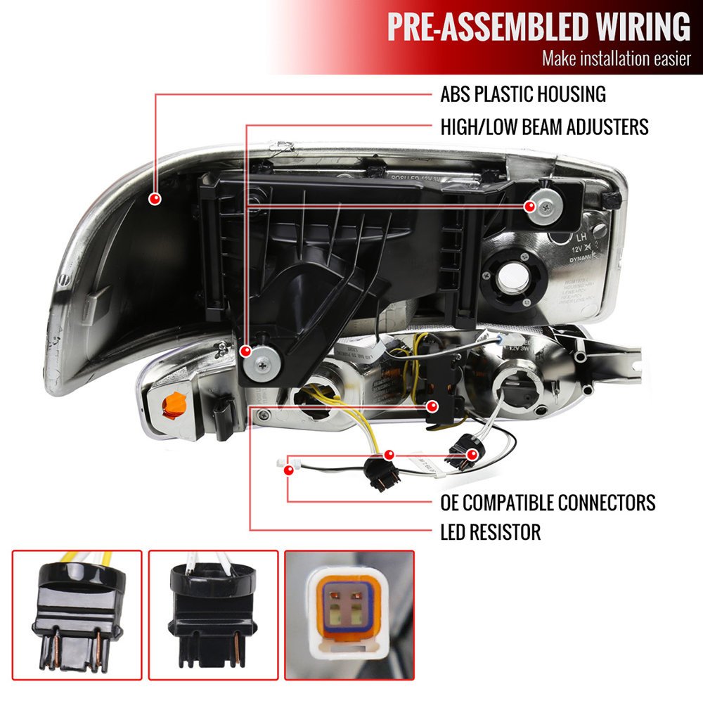 Fits 1999-2006 GMC Sierra Denali/2007 Sierra Classic Denali/2000-2006 Yukon/XL Denali Factory Style Headlights with LED Sequential Turn Signal Bumper Lights (Chrome Housing/Clear Lens) - Image 3
