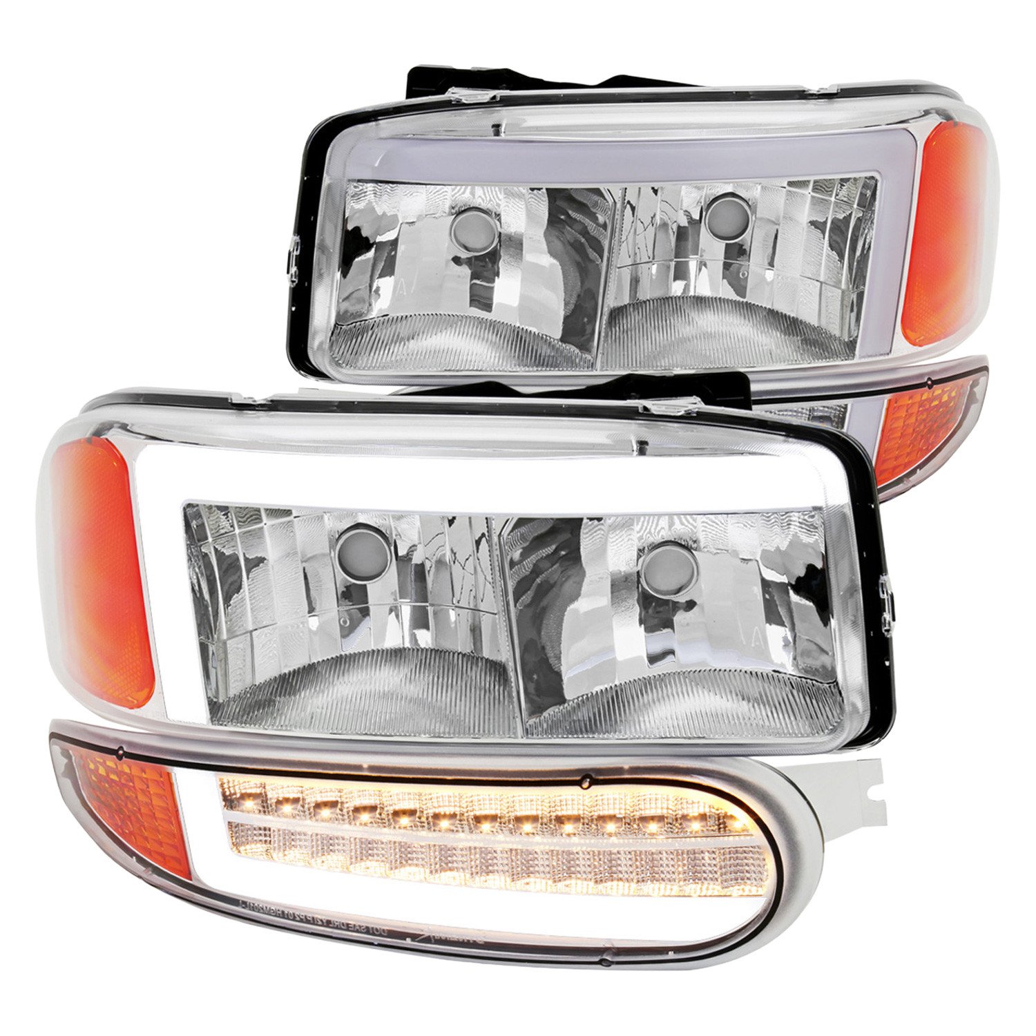 Fits 1999-2006 GMC Sierra Denali/2007 Sierra Classic Denali/2000-2006 Yukon/XL Denali Factory Style Headlights with LED Sequential Turn Signal Bumper Lights (Chrome Housing/Clear Lens)