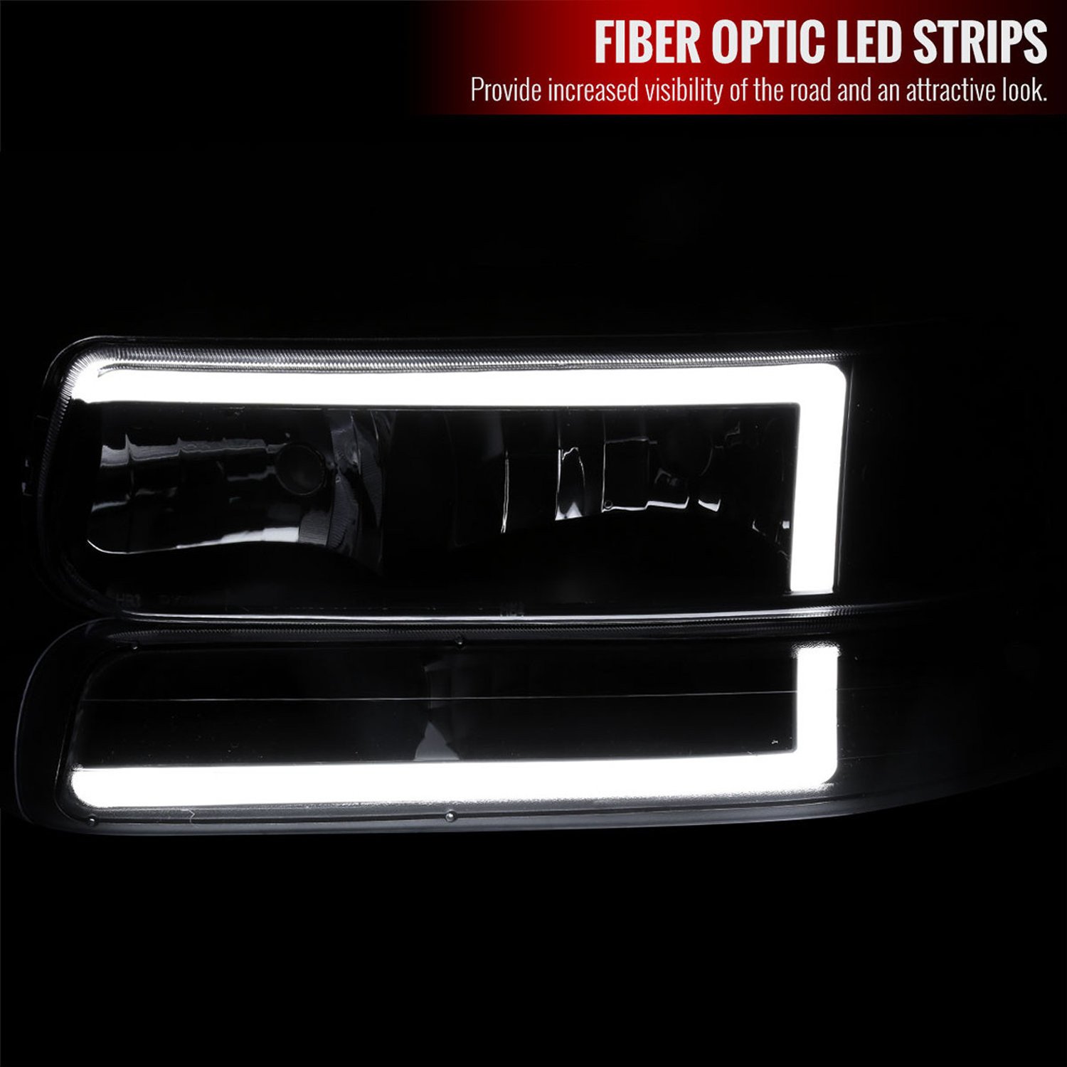 Fits 1999-2002 Chevrolet Silverado 1500 2500 / 2000-2006 Tahoe Suburban LED Bar Factory Style Headlights & Bumper Lights w/ Amber Reflector (Matte Black Housing/Clear Lens) - Image 7